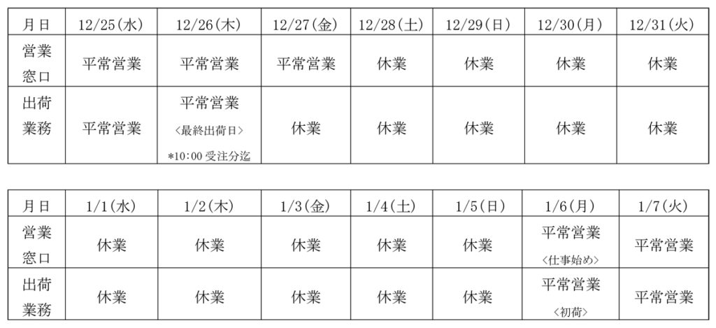 2019-2020年末年始営業日